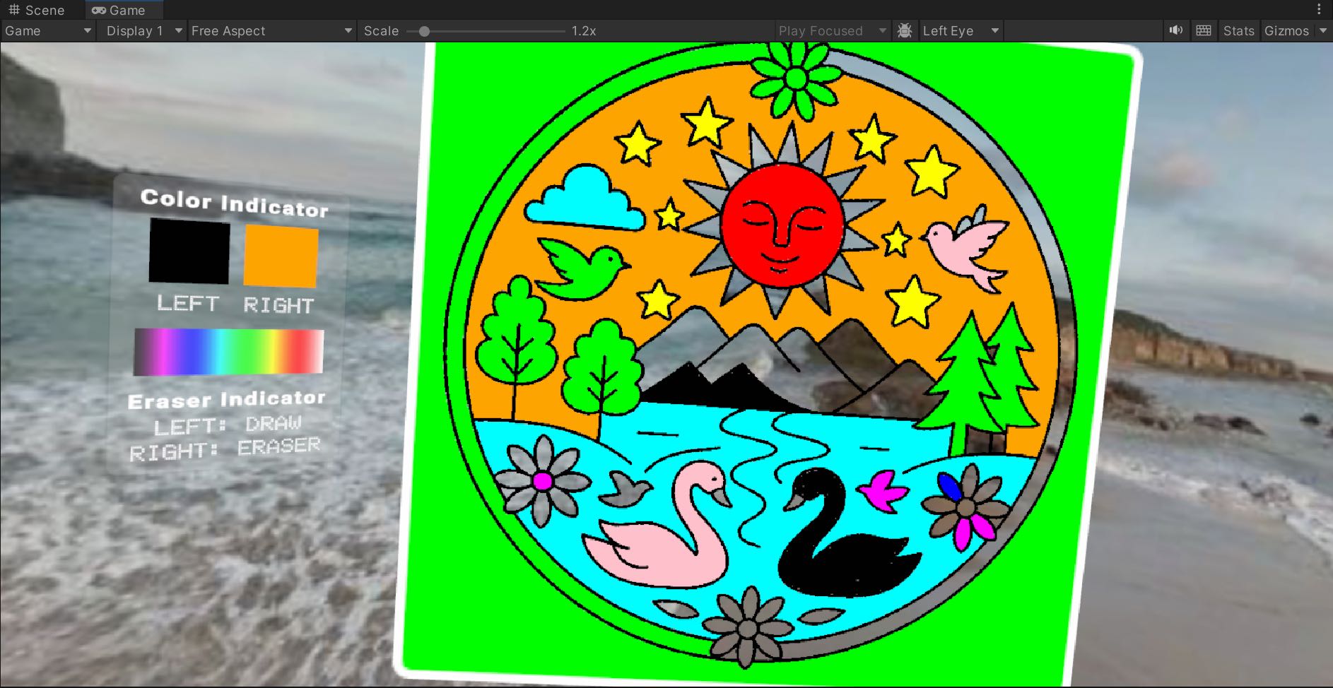 VR mandala coloring interface embedded in a calm 360-degree seascape