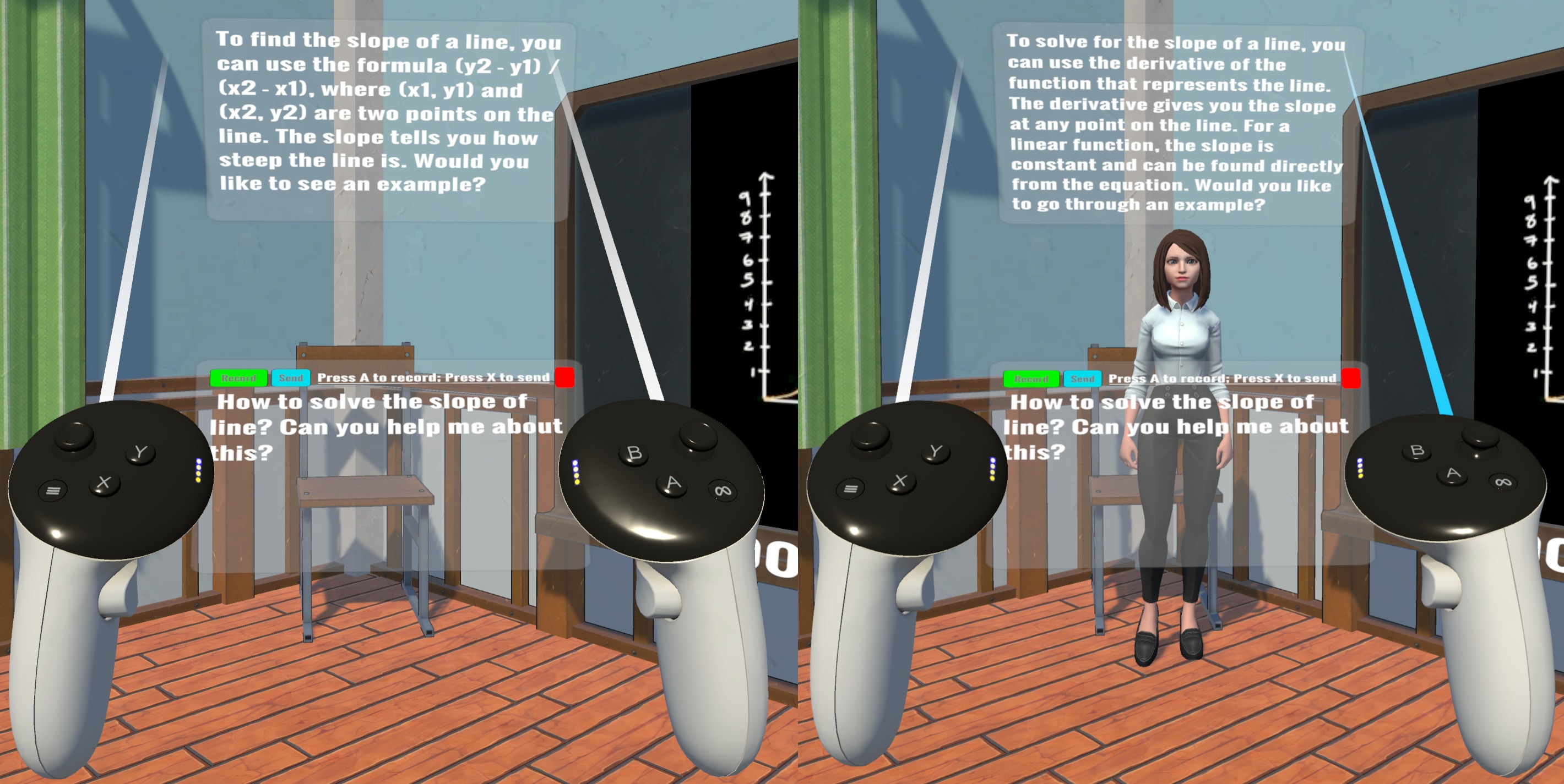 Side-by-side views of the text-panel and embodied-avatar modes in the self-learning VR classroom