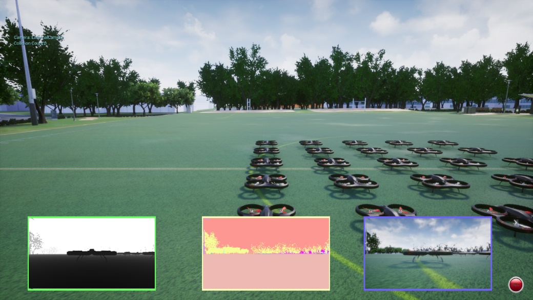 Twenty-five quadrotor UAVs generated in the AirSim digital twin environment with three onboard sensor views