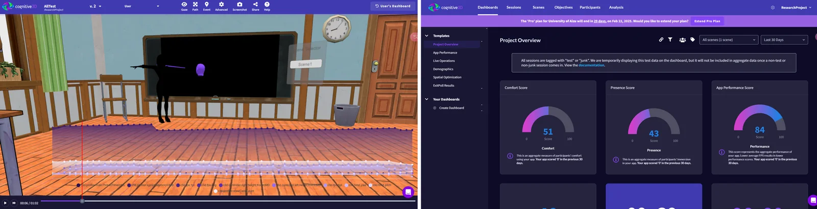 Cognitive 3D Scene Explorer replay and analytics dashboard used to review movement and engagement