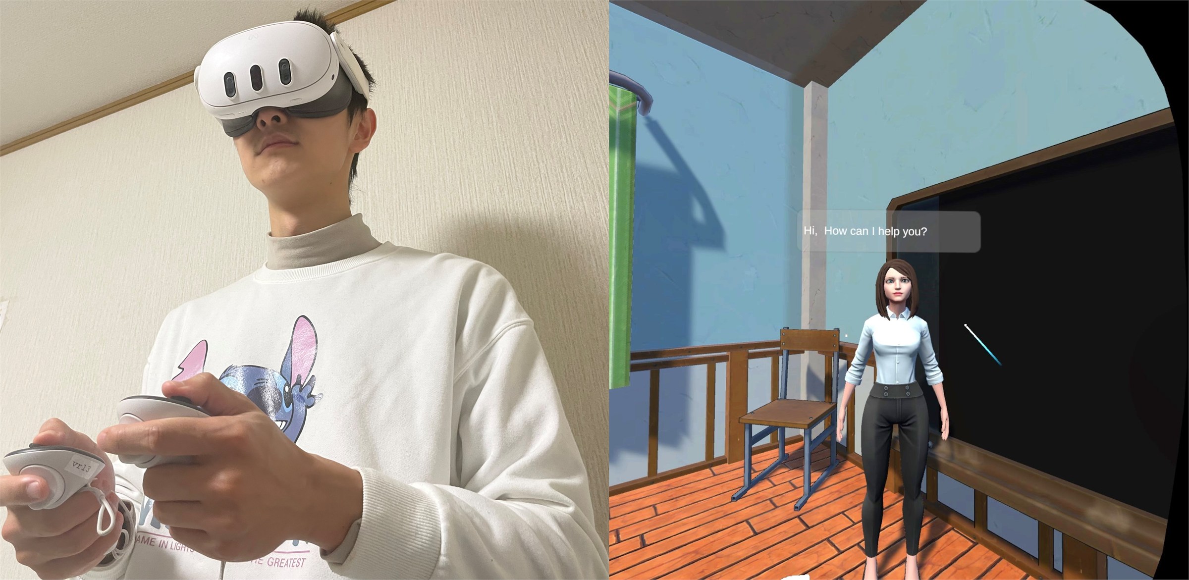 A participant wearing a Meta Quest 3 headset beside the VR classroom and embodied AI teaching assistant